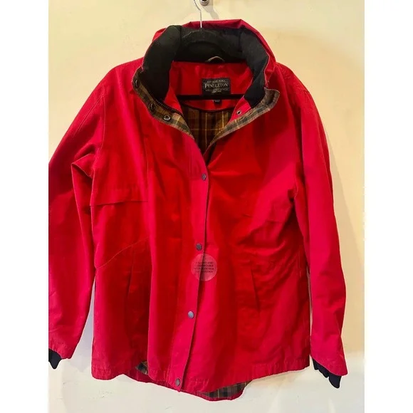 Pendleton Red Hooded Raincoat Anorak NWOT Women Sz XL Plaid Lining Full Zip $259 - Picture 2 of 11